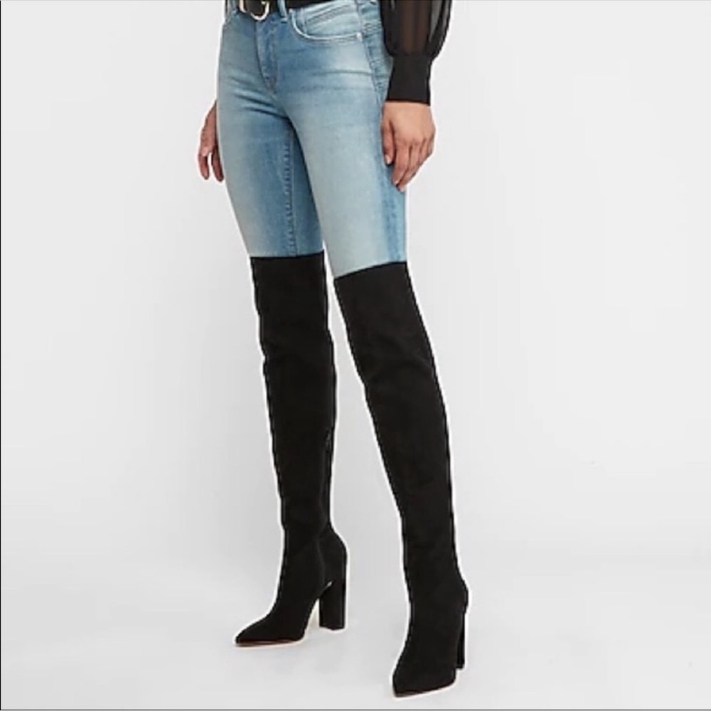 Express NWT over the knee black sock boots thigh high pointy toe chunky heel